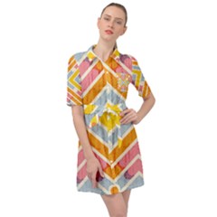 Line Pattern Cross Print Repeat Belted Shirt Dress