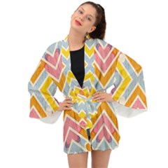 Line Pattern Cross Print Repeat Long Sleeve Kimono