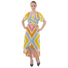 Line Pattern Cross Print Repeat Front Wrap High Low Dress