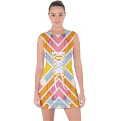 Line Pattern Cross Print Repeat Lace Up Front Bodycon Dress by Dutashop