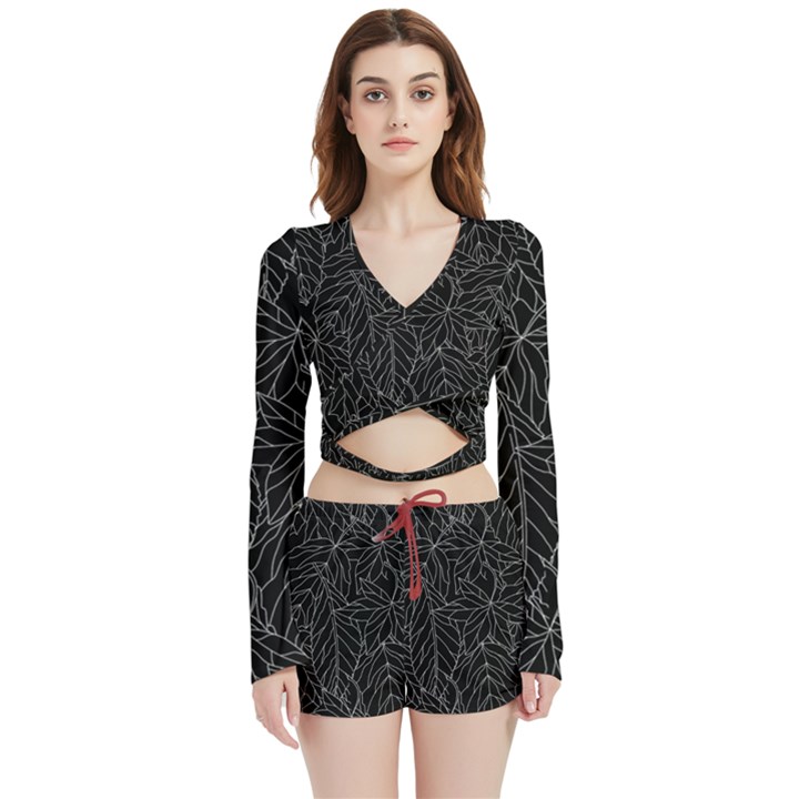 Autumn Leaves Black Velvet Wrap Crop Top and Shorts Set