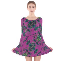 Modern Floral Collage Print Pattern Long Sleeve Velvet Skater Dress