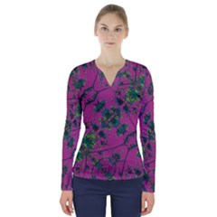 Modern Floral Collage Print Pattern V-neck Long Sleeve Top by dflcprintsclothing