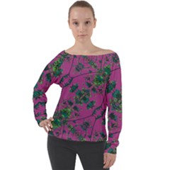 Modern Floral Collage Print Pattern Off Shoulder Long Sleeve Velour Top by dflcprintsclothing