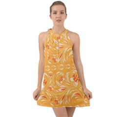 Orange Pattern Halter Tie Back Chiffon Dress