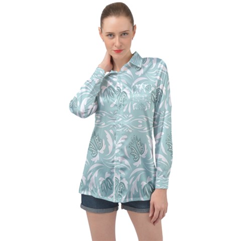 Blue Ornament Long Sleeve Satin Shirt by Eskimos