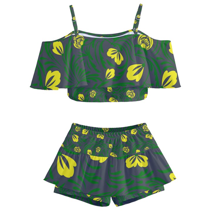 Yellow flowers Kids  Off Shoulder Skirt Bikini