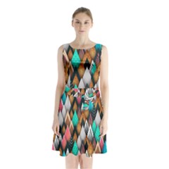 Abstract Triangle Tree Sleeveless Waist Tie Chiffon Dress by Dutashop