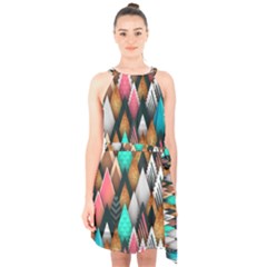 Abstract Triangle Tree Halter Collar Waist Tie Chiffon Dress by Dutashop