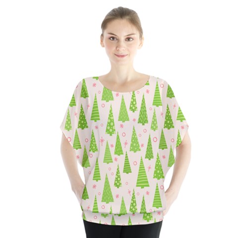 Christmas Green Tree Batwing Chiffon Blouse by Dutashop