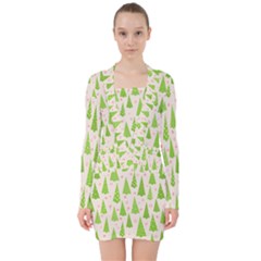 Christmas Green Tree V-neck Bodycon Long Sleeve Dress by Dutashop