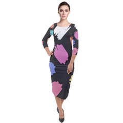 Many Colors Pattern Seamless Quarter Sleeve Midi Velour Bodycon Dress