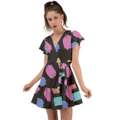 Many Colors Pattern Seamless Flutter Sleeve Wrap Dress