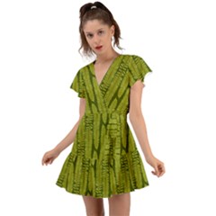 Fern Texture Nature Leaves Flutter Sleeve Wrap Dress