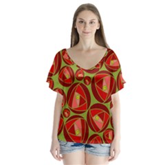 Abstract Rose Garden Red V-neck Flutter Sleeve Top by Dutashop