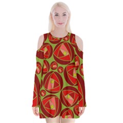 Abstract Rose Garden Red Velvet Long Sleeve Shoulder Cutout Dress by Dutashop