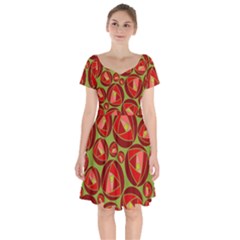 Abstract Rose Garden Red Short Sleeve Bardot Dress by Dutashop