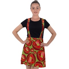 Abstract Rose Garden Red Velvet Suspender Skater Skirt