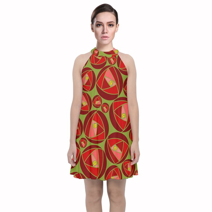 Abstract Rose Garden Red Velvet Halter Neckline Dress 