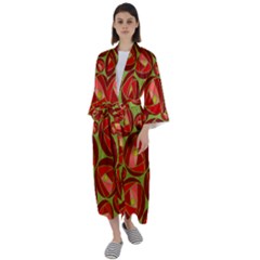 Abstract Rose Garden Red Maxi Satin Kimono