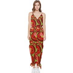 Abstract Rose Garden Red Sleeveless Tie Ankle Jumpsuit