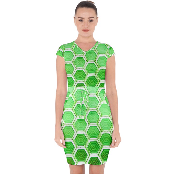 Hexagon Windows Capsleeve Drawstring Dress 