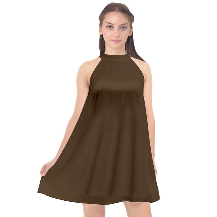 Brunette Brown Halter Neckline Chiffon Dress 