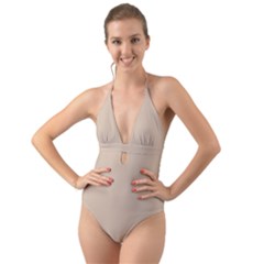 Frosted Almond Halter Cut-out One Piece Swimsuit by FabChoice