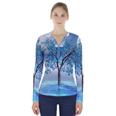 Crystal Blue Tree V-neck Long Sleeve Top by icarusismartdesigns