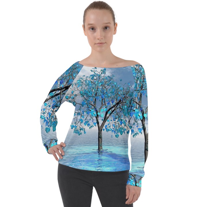 Crystal Blue Tree Off Shoulder Long Sleeve Velour Top