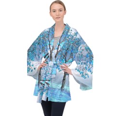 Crystal Blue Tree Long Sleeve Velvet Kimono  by icarusismartdesigns