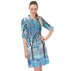 Crystal Blue Tree Long Sleeve Mini Shirt Dress by icarusismartdesigns