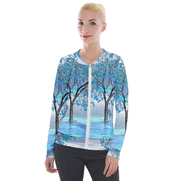 Crystal Blue Tree Velvet Zip Up Jacket