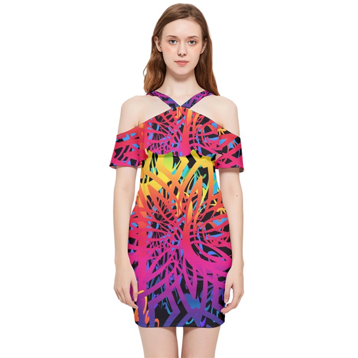 Abstract Jungle Shoulder Frill Bodycon Summer Dress