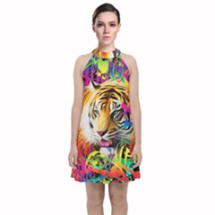 Tiger In The Jungle Velvet Halter Neckline Dress 