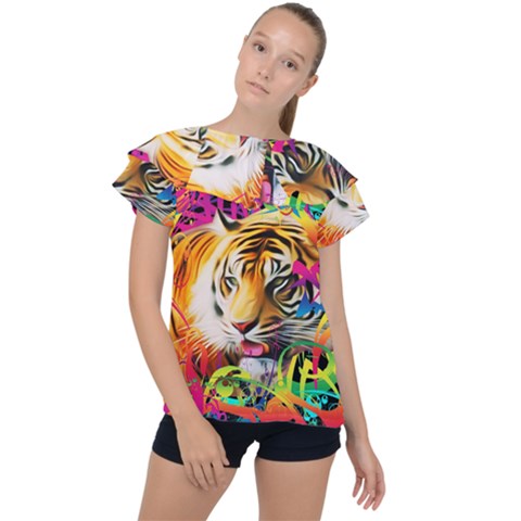 Tiger In The Jungle Ruffle Collar Chiffon Blouse by icarusismartdesigns