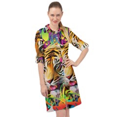 Tiger In The Jungle Long Sleeve Mini Shirt Dress by icarusismartdesigns