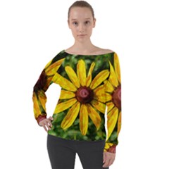 Sunflower Painting Off Shoulder Long Sleeve Velour Top by ExtraGoodSauce