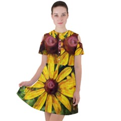 Sunflower Painting Short Sleeve Shoulder Cut Out Dress  by ExtraAwesomeSauce