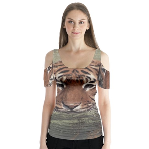 Swimming Tiger Butterfly Sleeve Cutout Tee  by ExtraGoodSauce