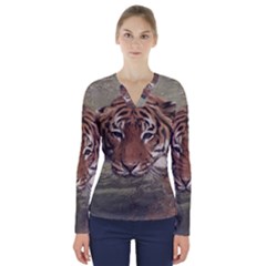 Swimming Tiger V-neck Long Sleeve Top by ExtraGoodSauce