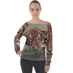 Swimming Tiger Off Shoulder Long Sleeve Velour Top by ExtraGoodSauce