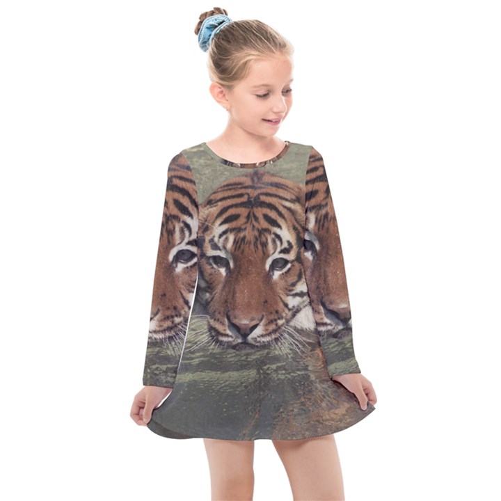 Swimming Tiger Kids  Long Sleeve Dress