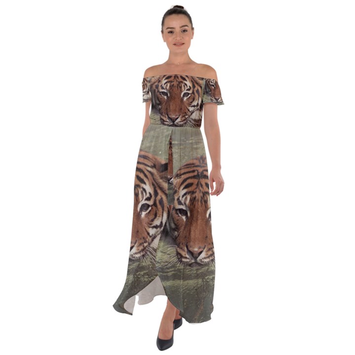 Swimming Tiger Off Shoulder Open Front Chiffon Dress