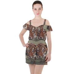 Swimming Tiger Ruffle Cut Out Chiffon Playsuit by ExtraGoodSauce