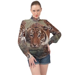 Swimming Tiger High Neck Long Sleeve Chiffon Top by ExtraGoodSauce