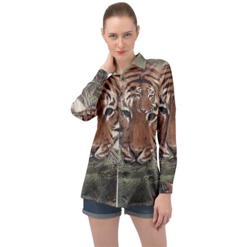 Swimming Tiger Long Sleeve Satin Shirt by ExtraGoodSauce