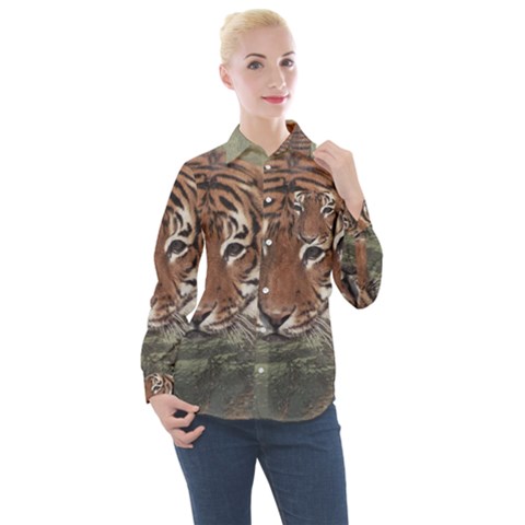 Swimming Tiger Women s Long Sleeve Pocket Shirt by ExtraGoodSauce