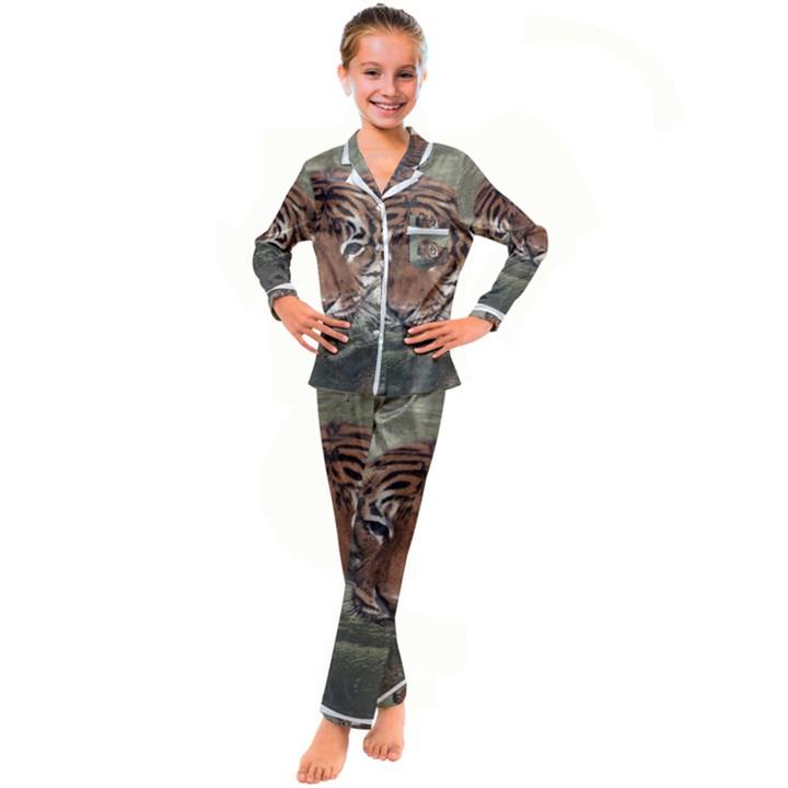 Swimming Tiger Kid s Satin Long Sleeve Pajamas Set