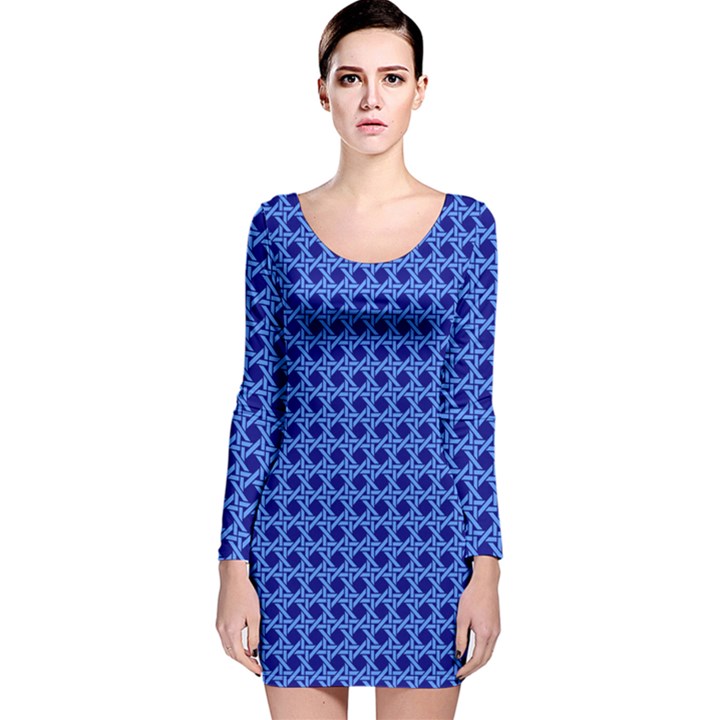 Basket Weave Basket Pattern Blue Long Sleeve Velvet Bodycon Dress